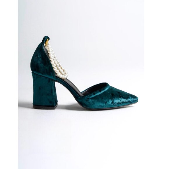 Green velvet block heels with pearl ankle strap - Picture 5 of 8
